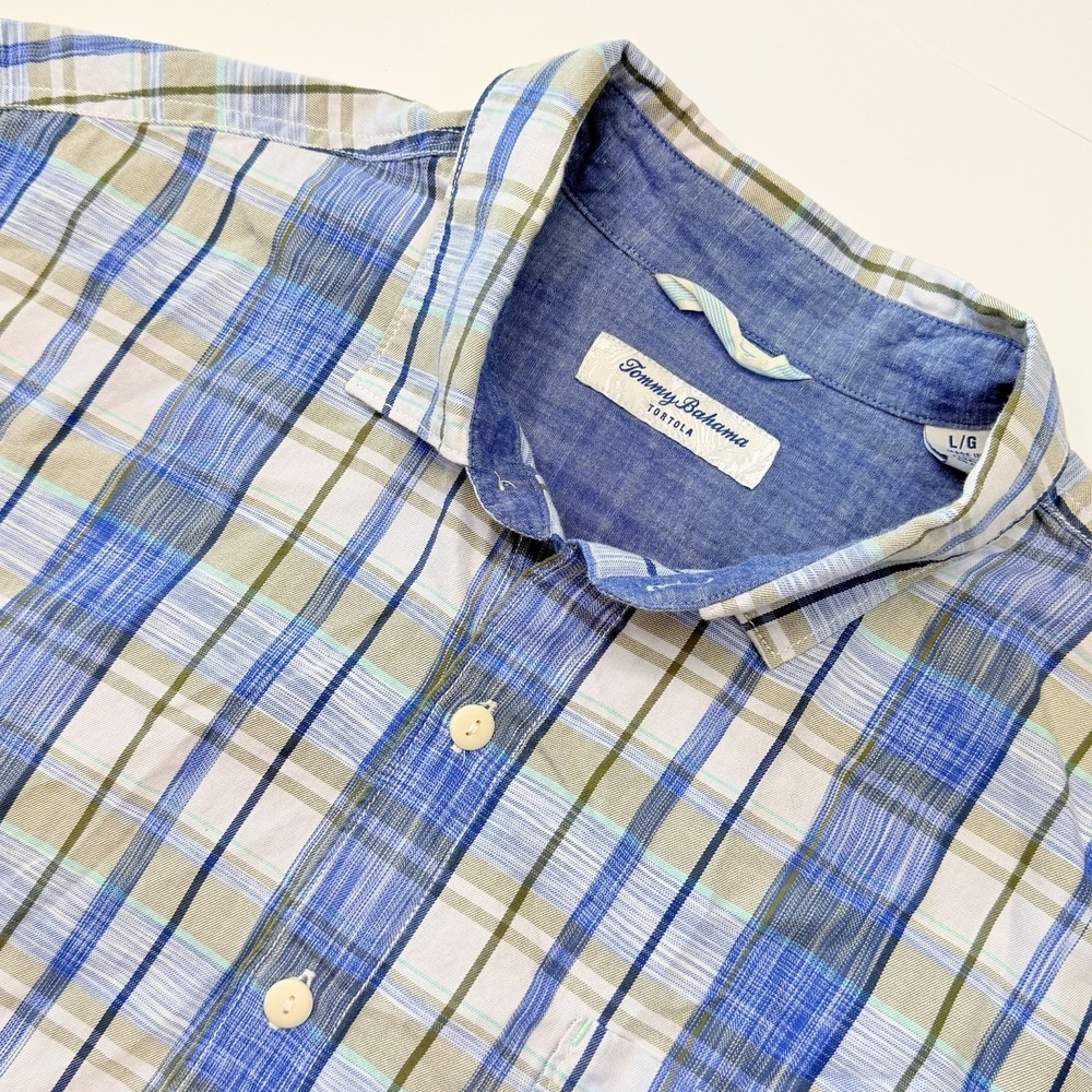 Tommy Bahama Tortola Men's Large Blue Plaid Tencel Cotton Button Down Shirt